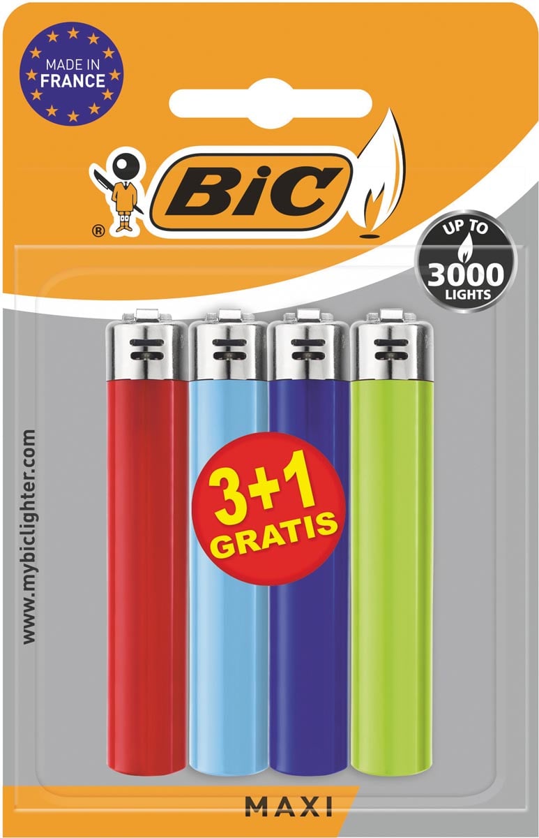 BIC Maxi vuursteen aansteker, geassorteerde kleuren, blister van 3 + 1 gratis afbeelding