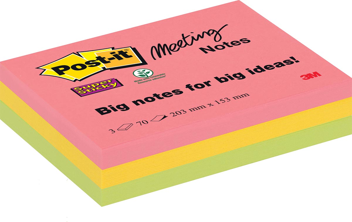 Post-it Super Sticky Meeting notes, 70 vel, ft 203 x 153 mm, geassorteerde kleuren, pak van 3 blokken afbeelding