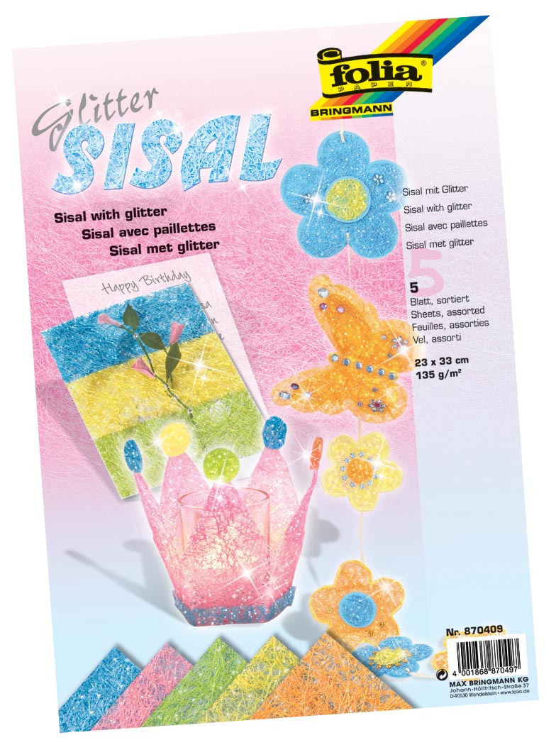 Folia Sisalpapier Glitter Pastel (oranje, citroengeel, lichtgroen, roze, lichtblauw)