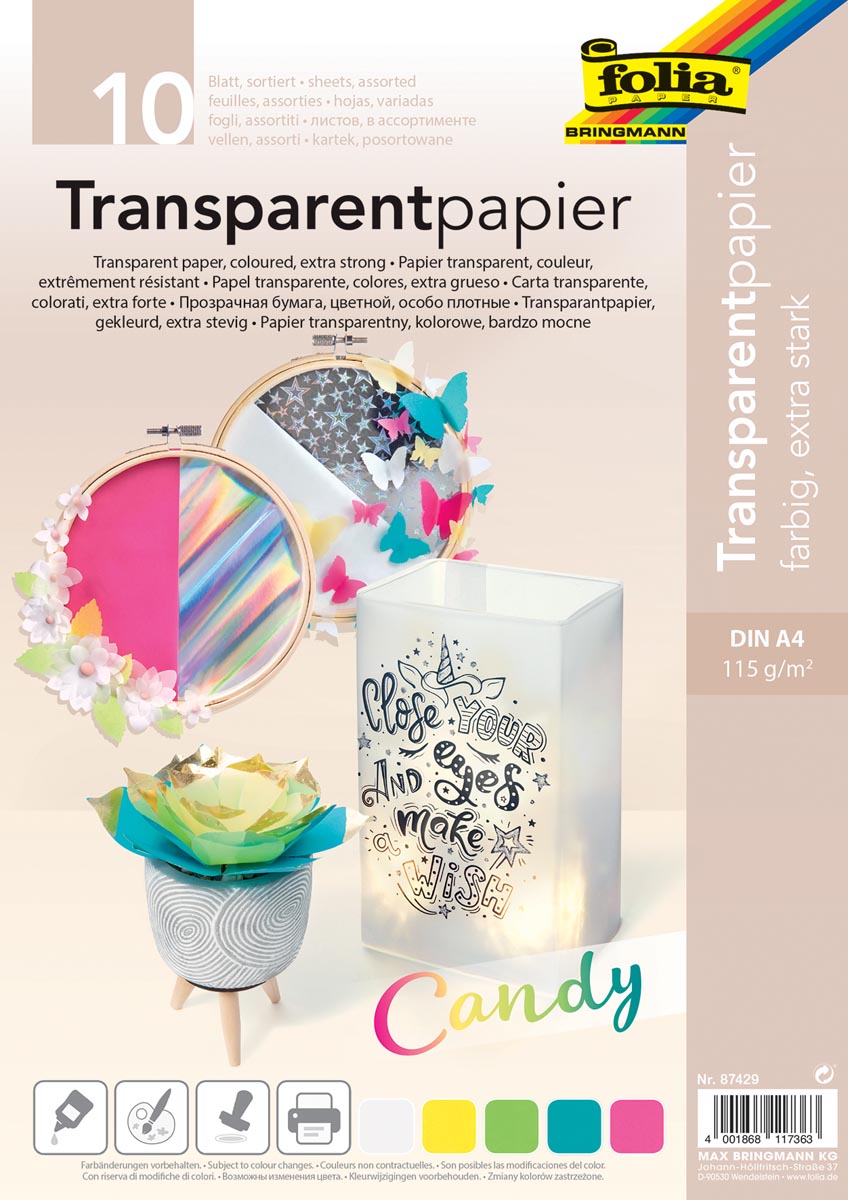 Folia transparant papier, 115 g, ft 21 x 29,7 cm, A4, geassorteerde kleuren, pak van 10 vel afbeelding