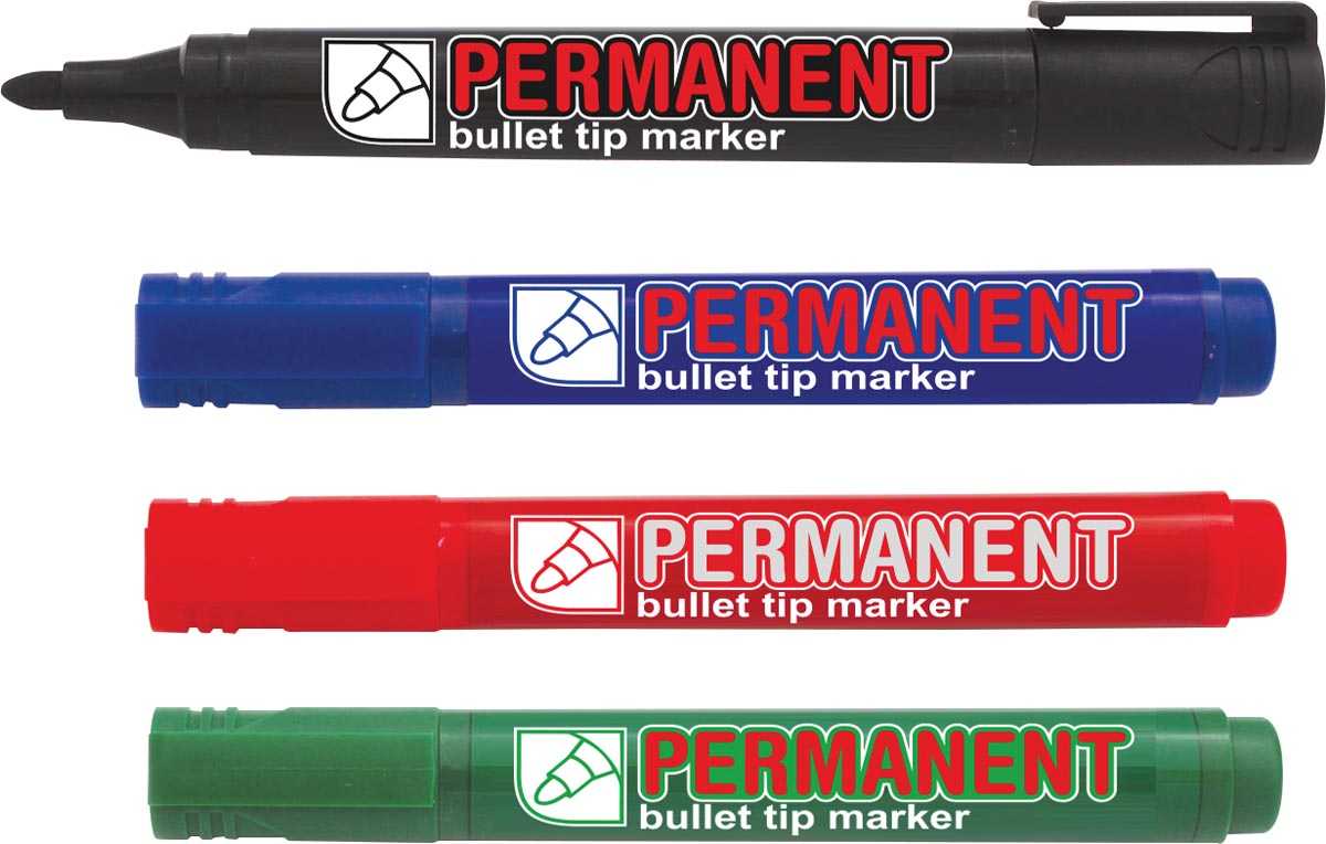 Crown permanent marker, ronde punt, schrijfbreedte 1 - 3 mm, etui van 4 stuks, geassorteerde kleuren
