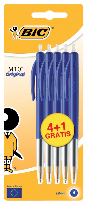 Bic balpen M10 Clic schrijfbreedte 0,4 mm, medium punt, blauw, blister 4 + 1 gratis afbeelding