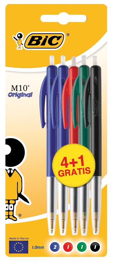Bic balpen M10, blister 4 + 1 gratis in geassorteerde kleuren afbeelding
