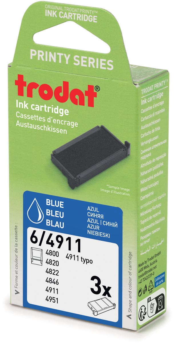 Trodat vervangkussen, voor stempel 4911/4820/4822/4846, blister van 3 stuks, blauw