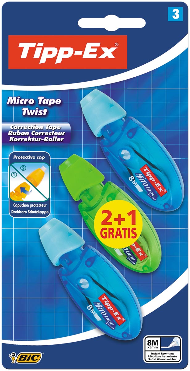 Tipp-Ex correctieoller Micro Tape Twist blauw en groen, blister 2+1 gratis afbeelding