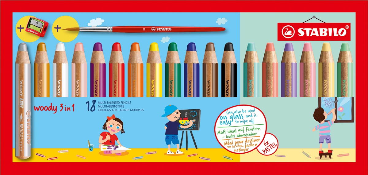 STABILO woody 3in1 kleurpotlood, etui van 18 stuks in geassorteerde kleuren + slijper + penseel afbeelding
