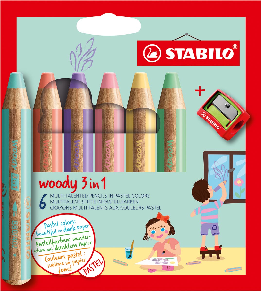 STABILO woody 3in1 kleurpotlood, etui van 6 stuks in pastel kleuren afbeelding