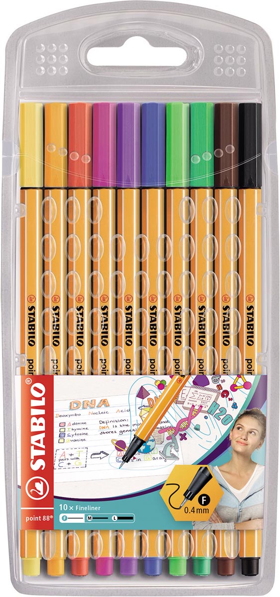 STABILO point 88 fineliner, etui van 10 stuks in geassorteerde kleuren