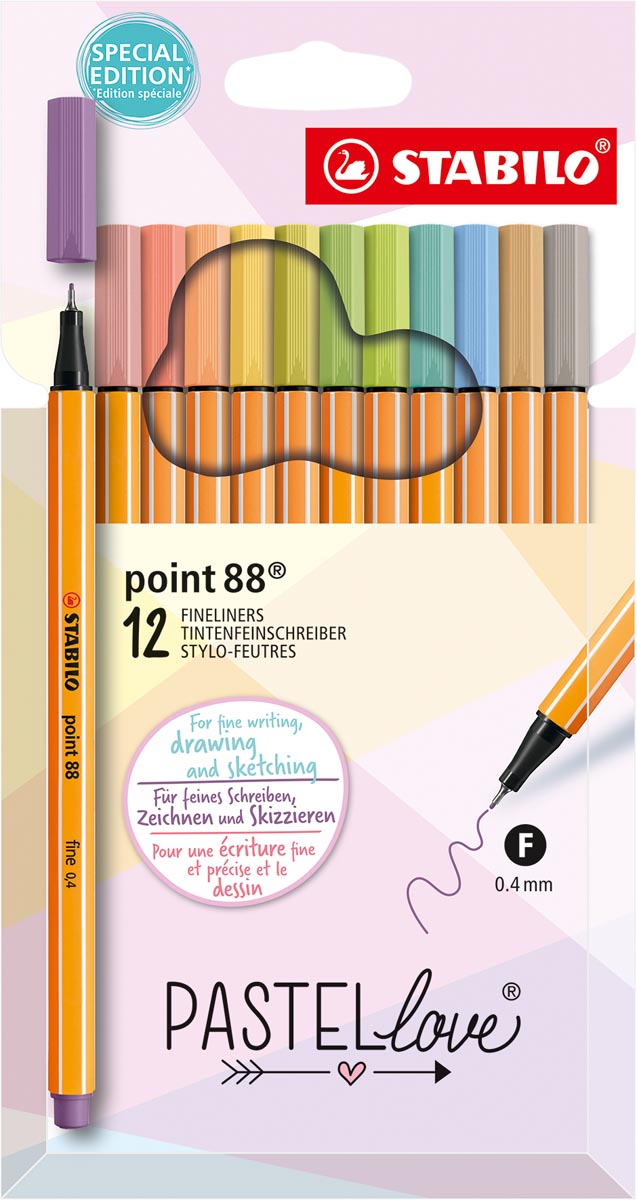 STABILO point 88 fineliner, pastel, etui van 12 stuks, assorti STABILO point 88 fineliner, pastel, etui van 12 stuks, assorti