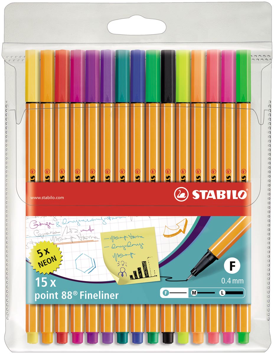 STABILO point 88 fineliner, etui van 15 stuks in geassorteerde kleuren afbeelding