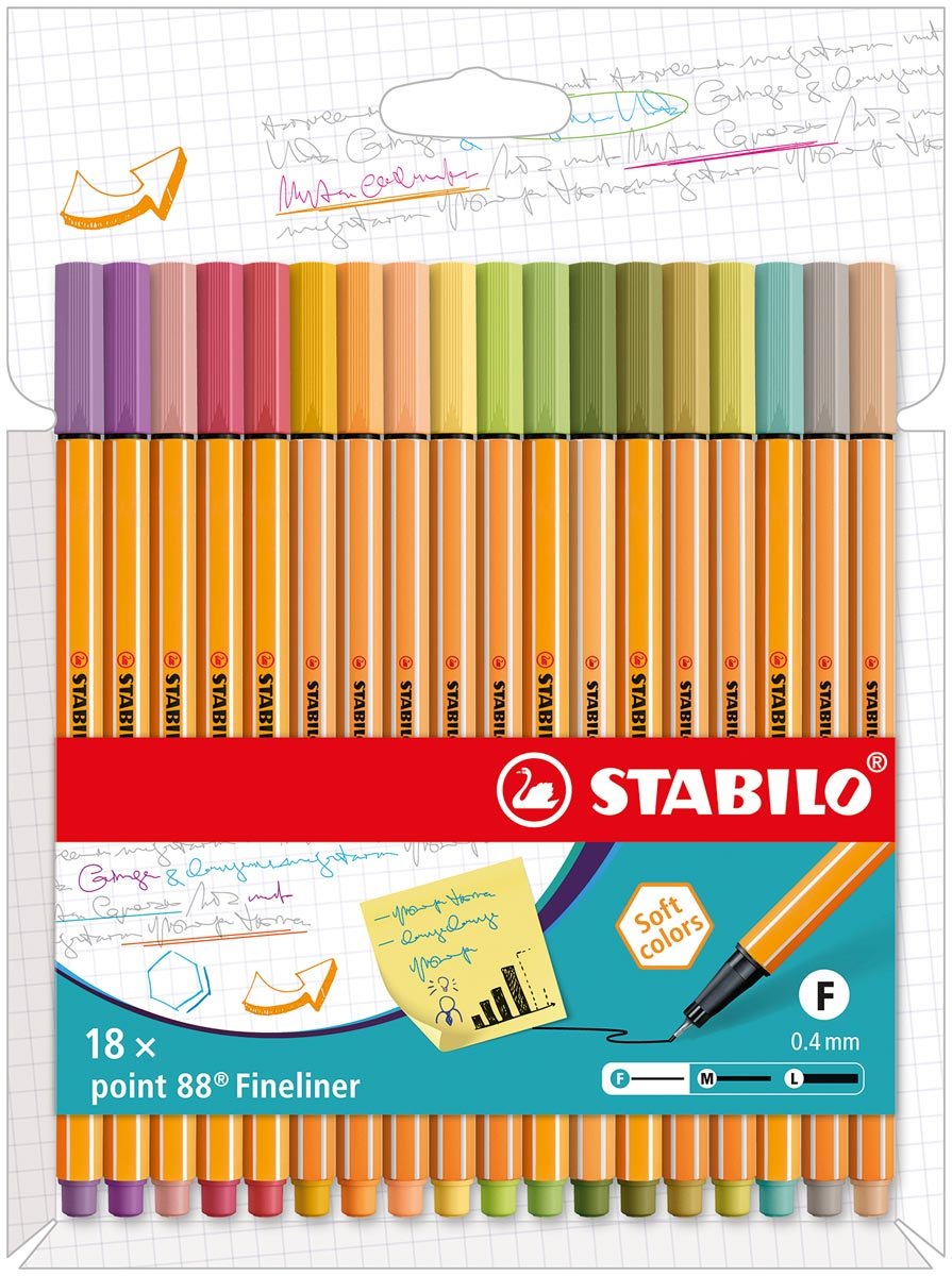 STABILO point 88 fineliner, kartonnen etui van 18 stuks in geassorteerde zachte kleuren STABILO point 88 fineliner, kartonnen etui van 18 stuks in geassorteerde zachte kleuren