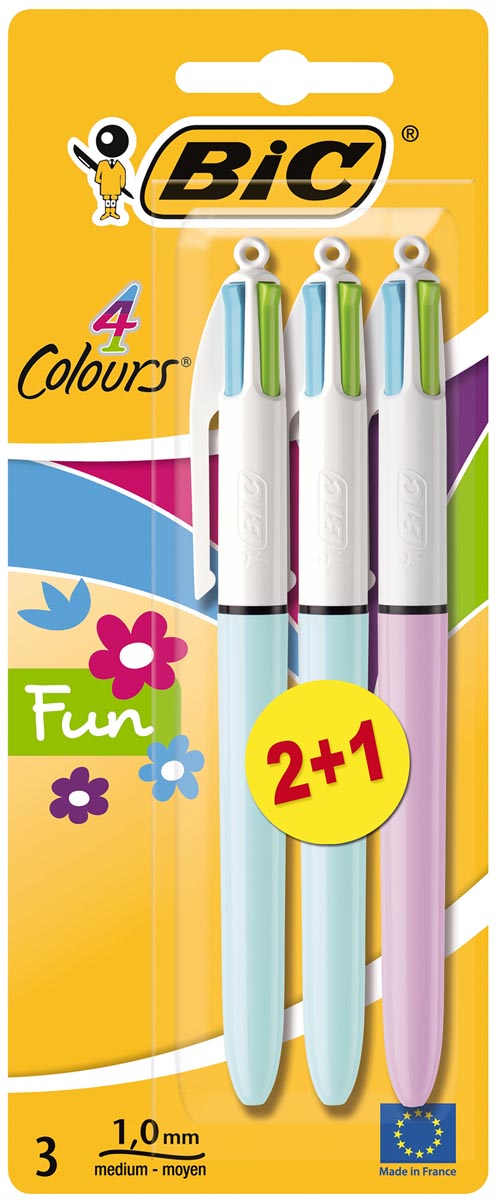 Bic 4 Colours Fun, balpen, 0,32 mm, 4 pastel inktkleuren, blister van 2+1 gratis