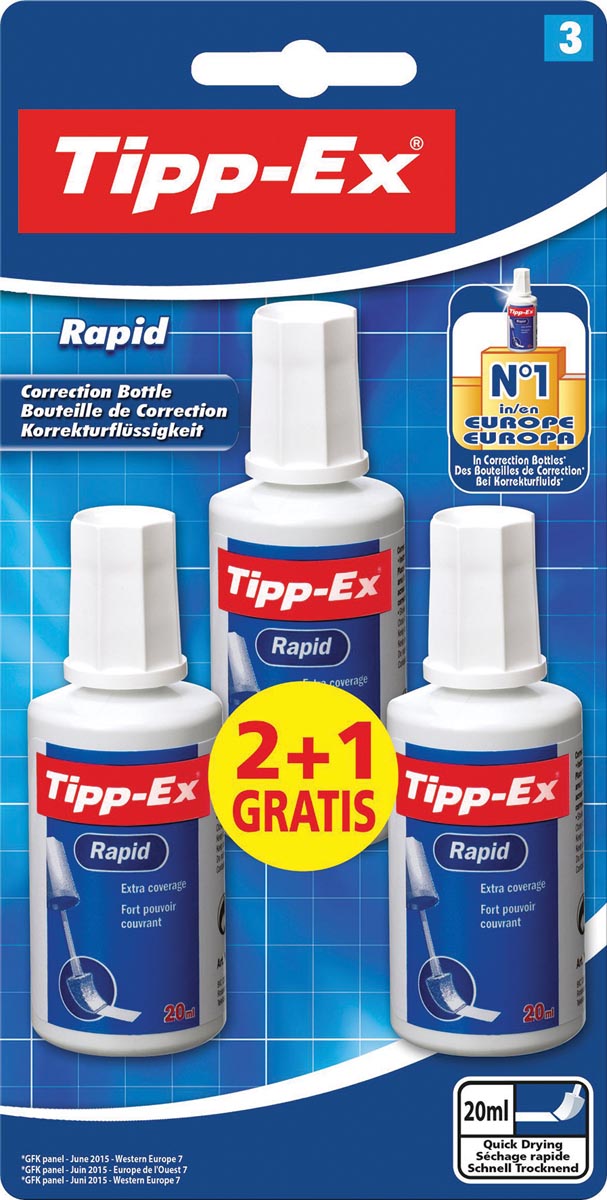 Tipp-Ex correctievloeistof Rapid, blister van 3 stuks (2 + 1 gratis)