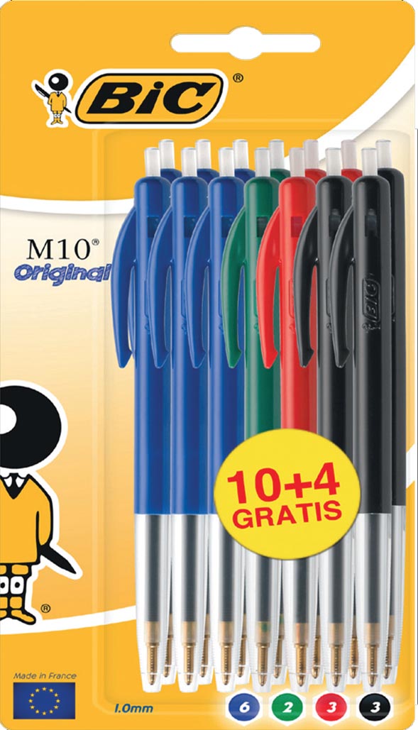 Bic balpen M10 Clic, 0,4 mm, medium punt, geassorteerde kleuren, blister 10 stuks + 4 gratis afbeelding