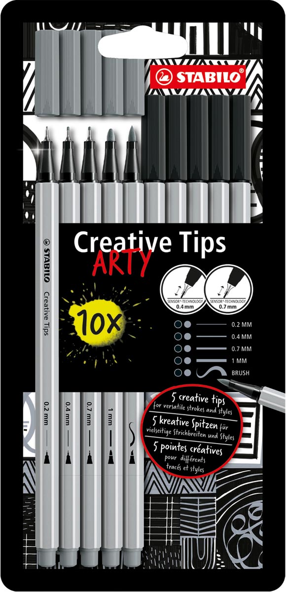 STABILO Creative Tips ARTY, geassorteerde punten, pak van 10 stuks, grijs/zwart afbeelding