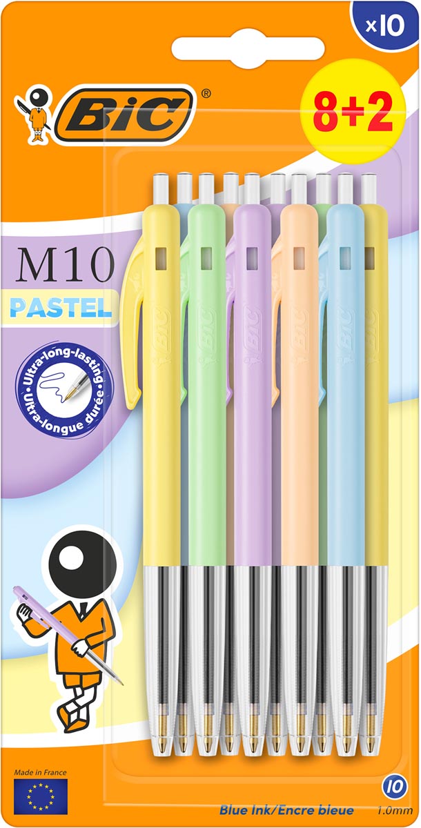 Bic balpen M10 Clic Pastel, 8+2 gratis, op blister