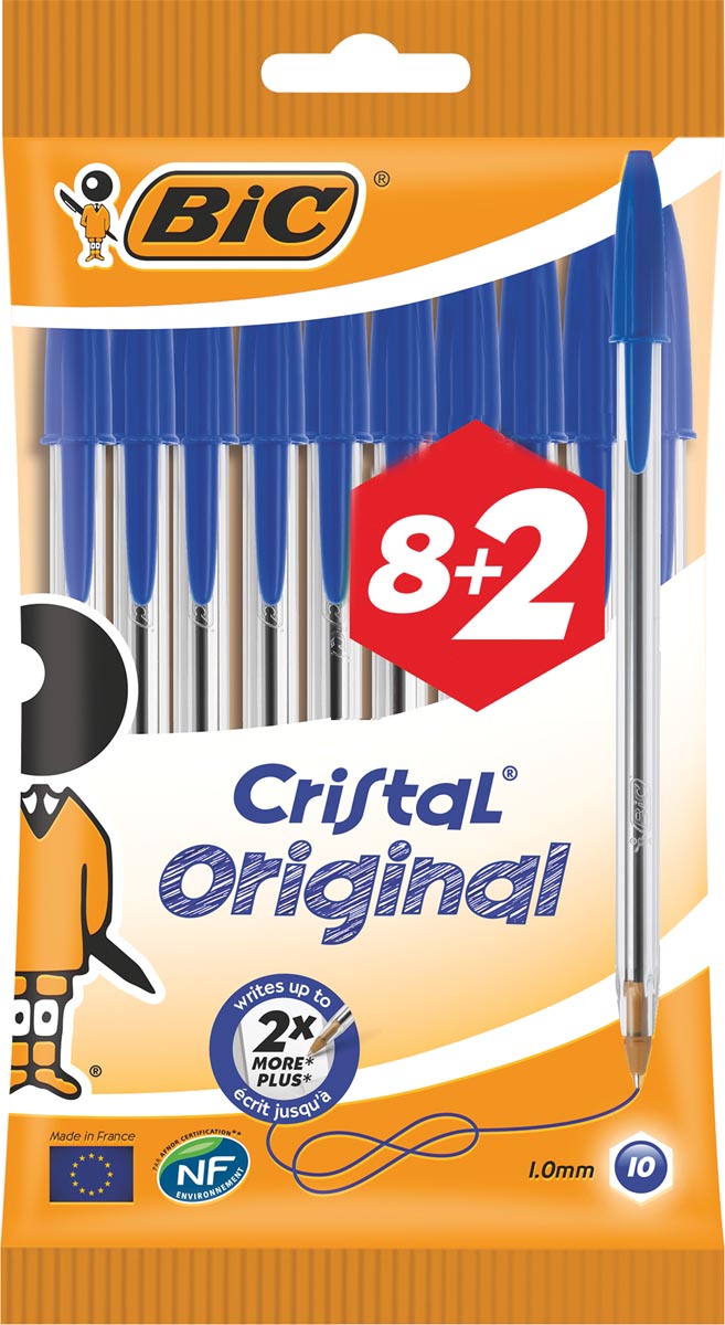 Bic stylo bille Cristal Medium, blauw, blister 8 + 2 GRATUIT