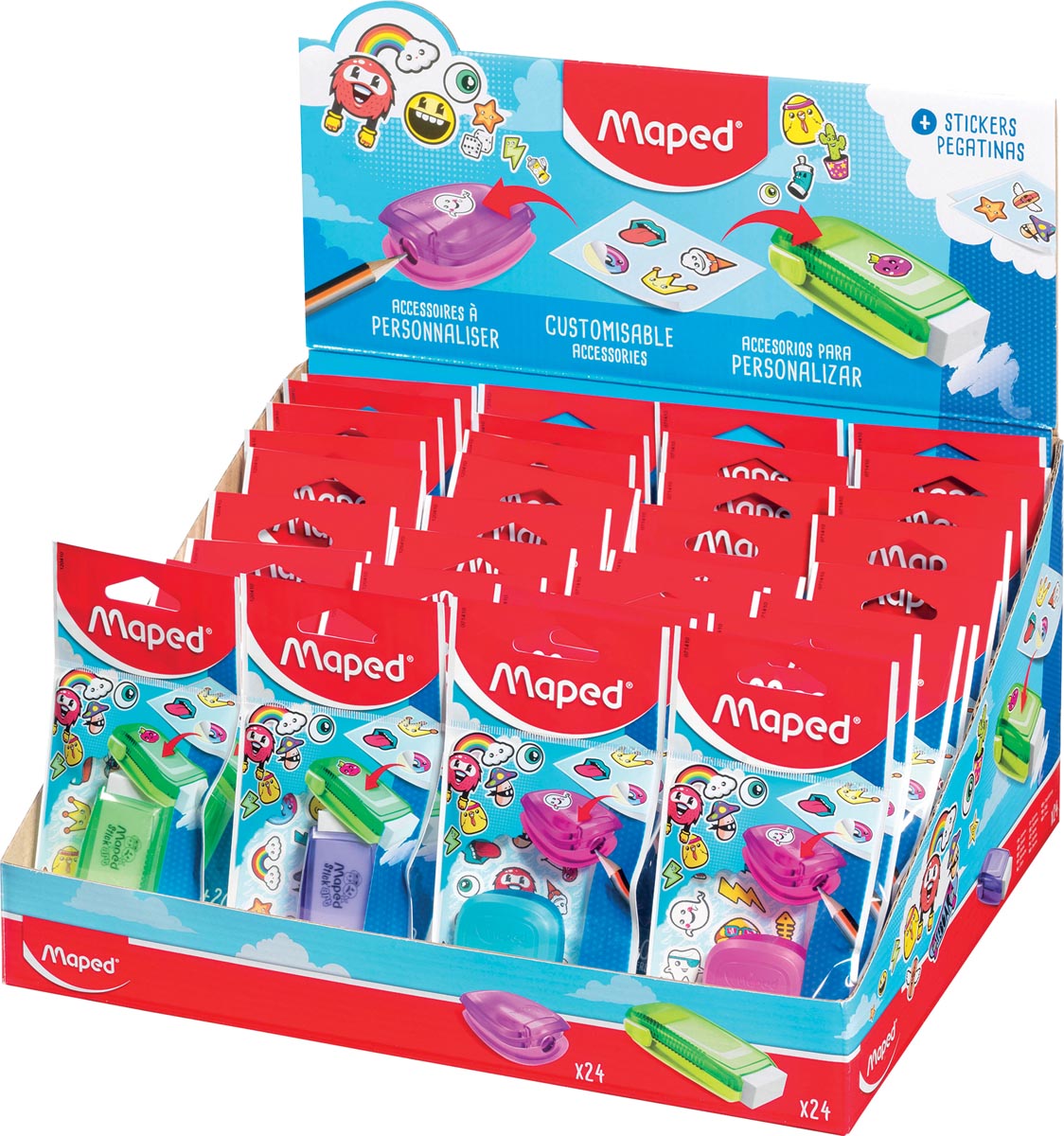 Maped gom en potloodslijper Stick&apos;Art, display van 24 stuks in geassorteerde kleuren