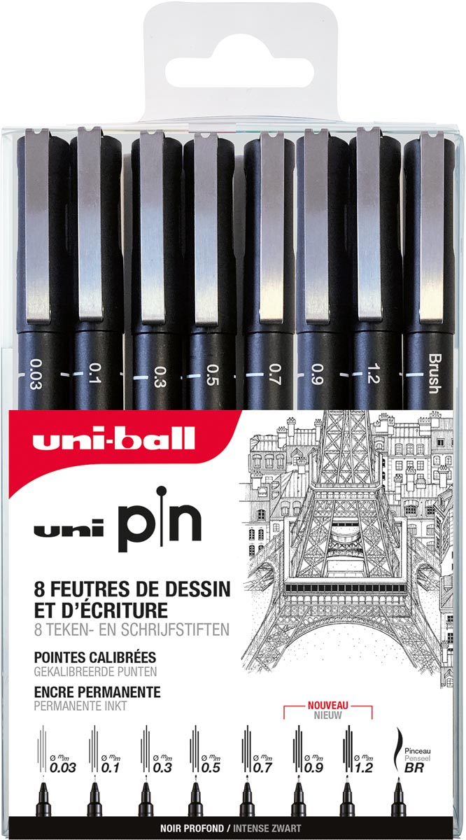 Uni Pin fineliner, etui van 8 stuks, zwart, 0,03-0,1-0,3-0,5-0,7-0,9-1,2 en 1 brush Uni Pin fineliner, etui van 8 stuks, zwart, 0,03-0,1-0,3-0,5-0,7-0,9-1,2 en 1 brush