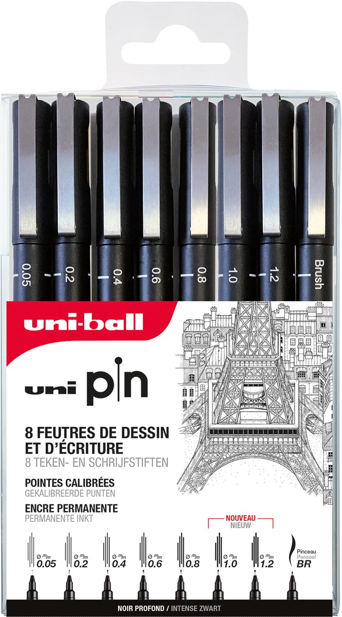 Uni Pin fineliner, etui van 8 stuks, zwart, 0,05-0,2-0,4-0,6-0,8-1,0-1,2 en 1 brush Uni Pin fineliner, etui van 8 stuks, zwart, 0,05-0,2-0,4-0,6-0,8-1,0-1,2 en 1 brush