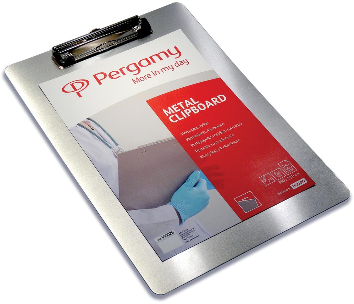 Pergamy klemplaat, voor ft A4, uit aluminium, zilver Pergamy klemplaat, voor ft A4, uit aluminium, zilver