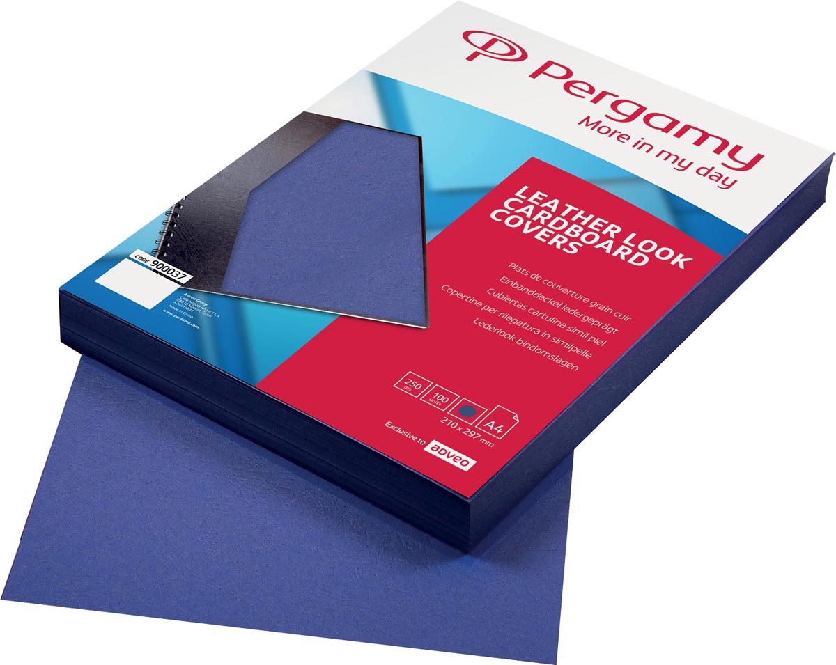 Pergamy omslagen, ft A4, karton lederlook, 250 micron, pak van 100 stuks, blauw afbeelding