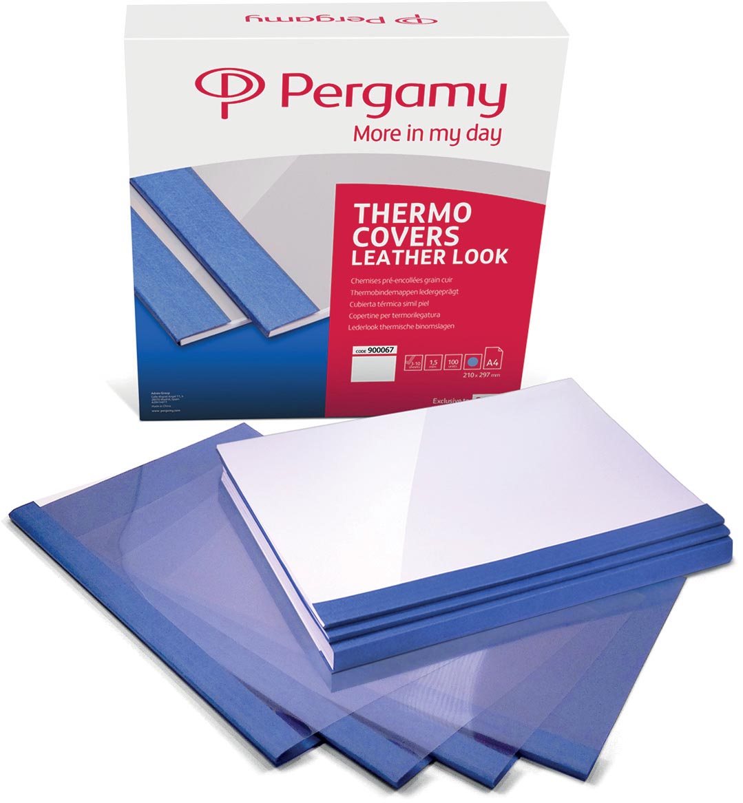 Pergamy thermische omslagen ft A4, 3 mm, pak van 100 stuks, lederlook, blauw
