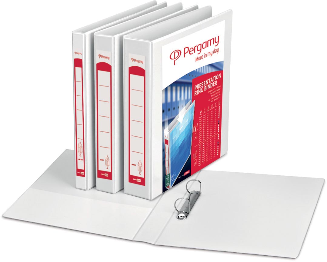 Pergamy personaliseerbare ringmap, ft A4, 2 pochettes, 3 insteektassen, 2 D-ringen van 25 mm, wit afbeelding