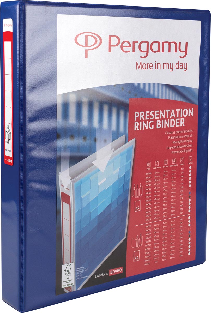 Pergamy personaliseerbare ringmap, ft A4, 2 pochettes, 3 insteektassen, 4 D-ringen van 25 mm, blauw