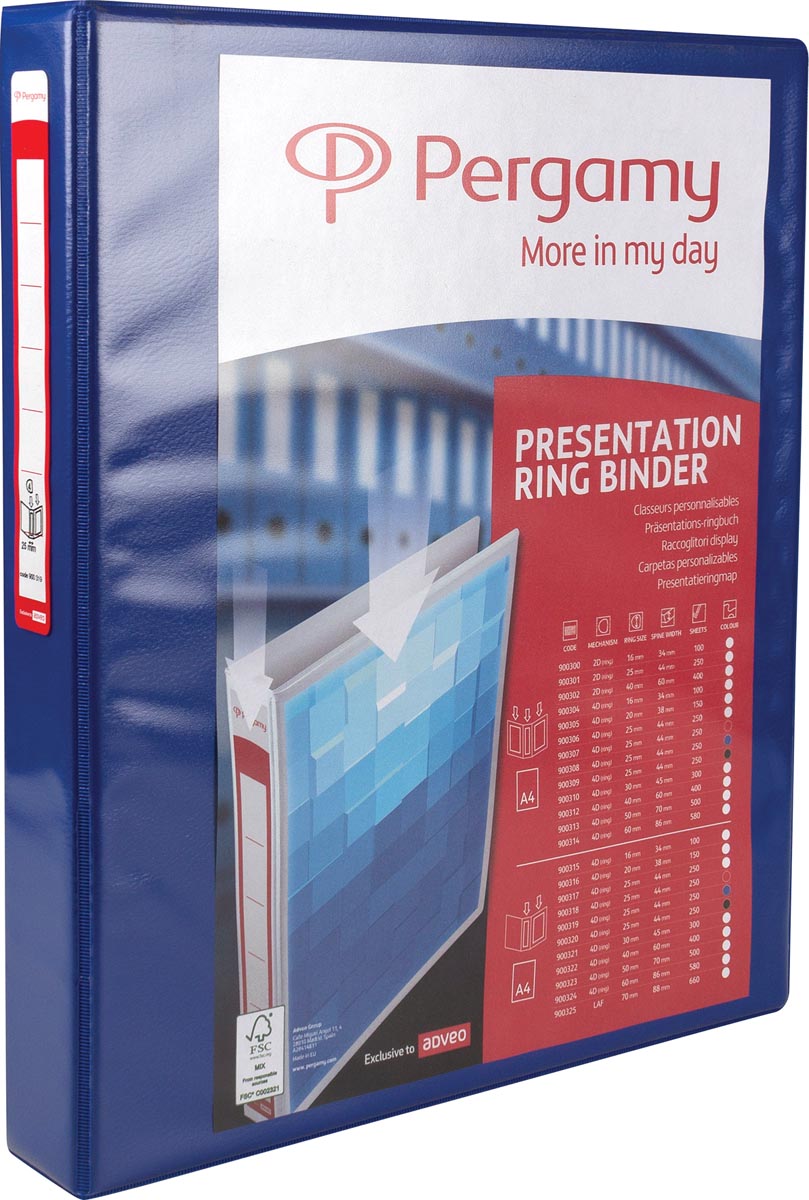 Pergamy personaliseerbare ringmap, ft A4, 2 pochettes, 2 insteektassen, 4 D-ringen van 25 mm, blauw