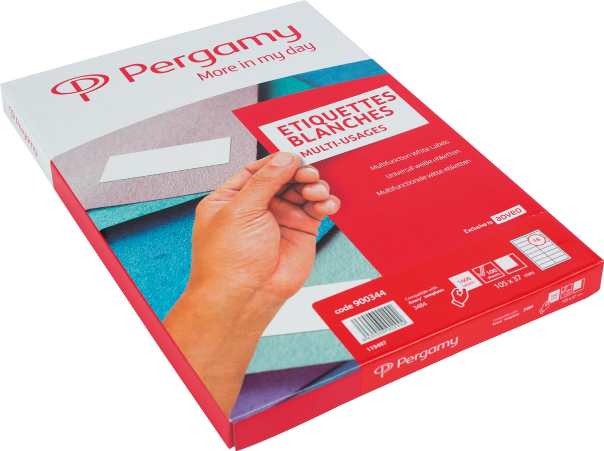 Pergamy witte etiketten, ft 105 x 37 , rechte hoeken, pak van 1600 etiketten Pergamy witte etiketten, ft 105 x 37 , rechte hoeken, pak van 1600 etiketten