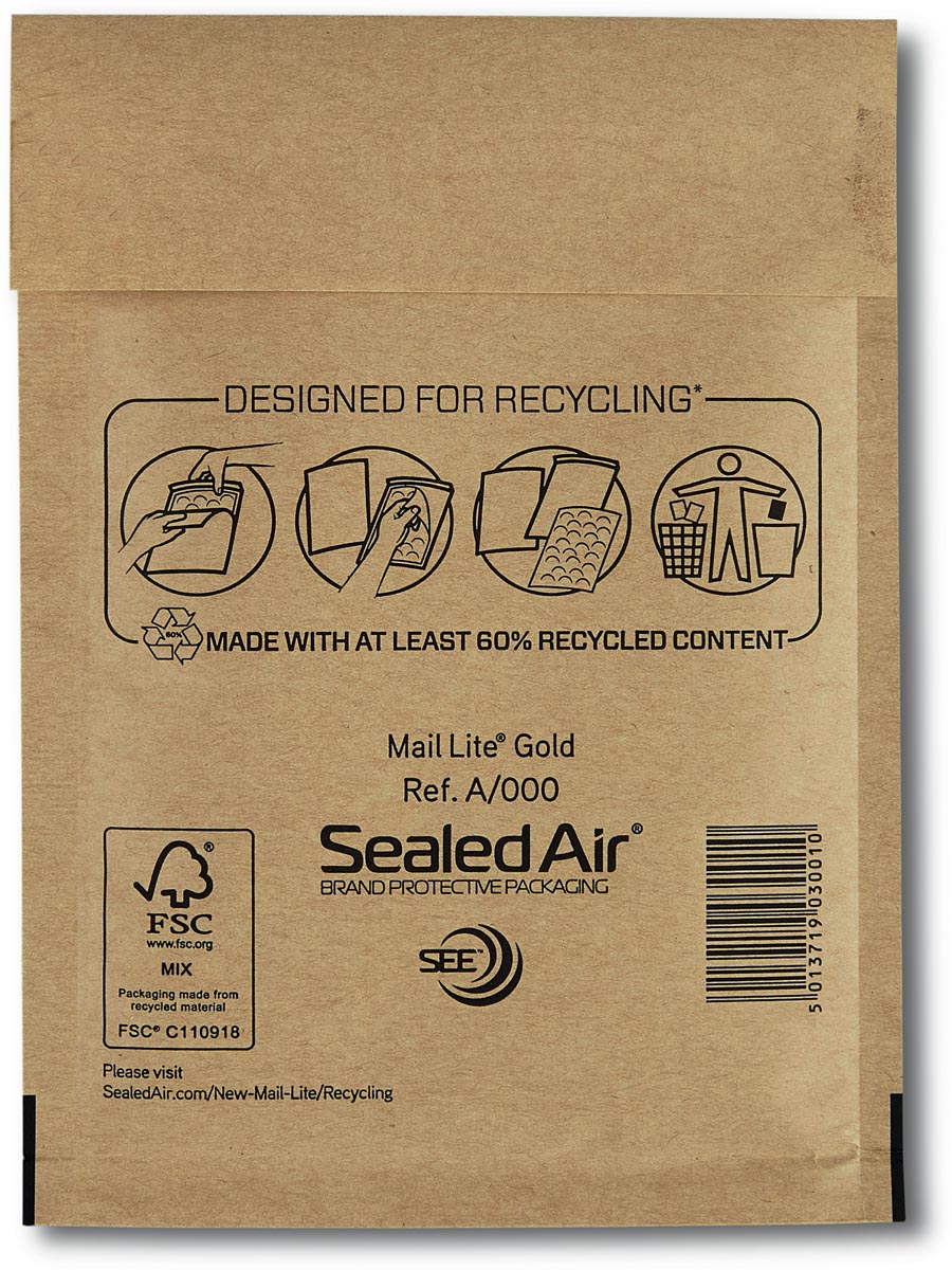 Mail Lite luchtkussenenveloppen, goud, A/000, 110 x 160 mm, doos van 200 stuks