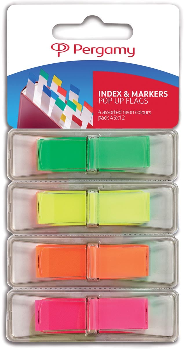 Pergamy index ft 45 x 12 mm, blister met 4 geassorteerde neonkleuren, met dispenser afbeelding