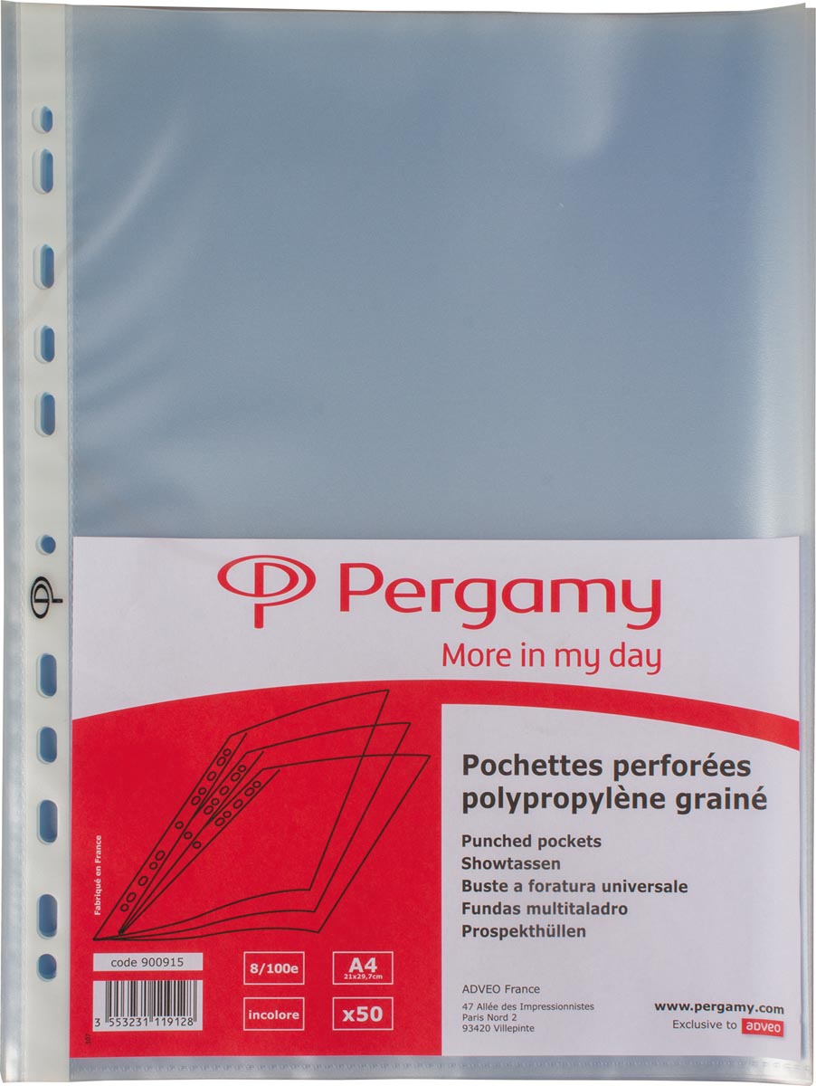 Pergamy geperforeerde showtas, ft A4, 11-gaatsperforatie, gekorrelde PP van 80 micron, pak van 50 stuks