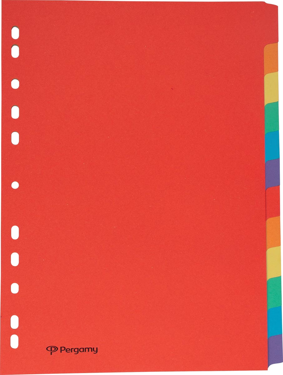 Pergamy tabbladen, ft A4, uit karton, 12 tabs, 11-gaatsperforatie, in geassorteerde kleuren afbeelding