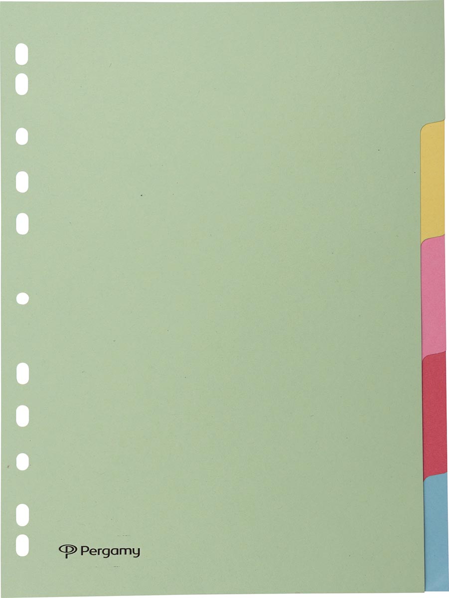 Pergamy tabbladen ft A4, 11-gaatsperforatie, karton, geassorteerde pastelkleuren, 5 tabs afbeelding
