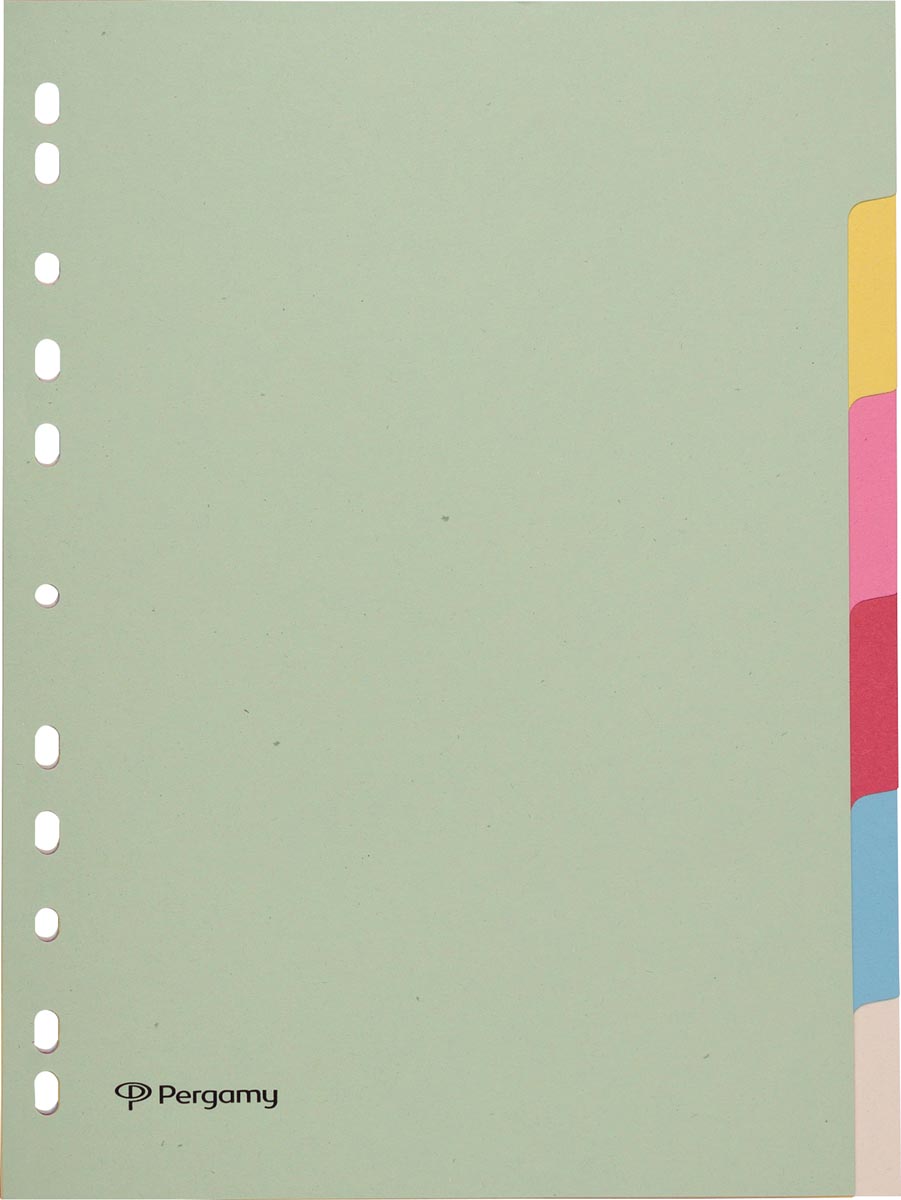 Pergamy tabbladen ft A4, 11-gaatsperforatie, karton, geassorteerde pastelkleuren, 6 tabs afbeelding
