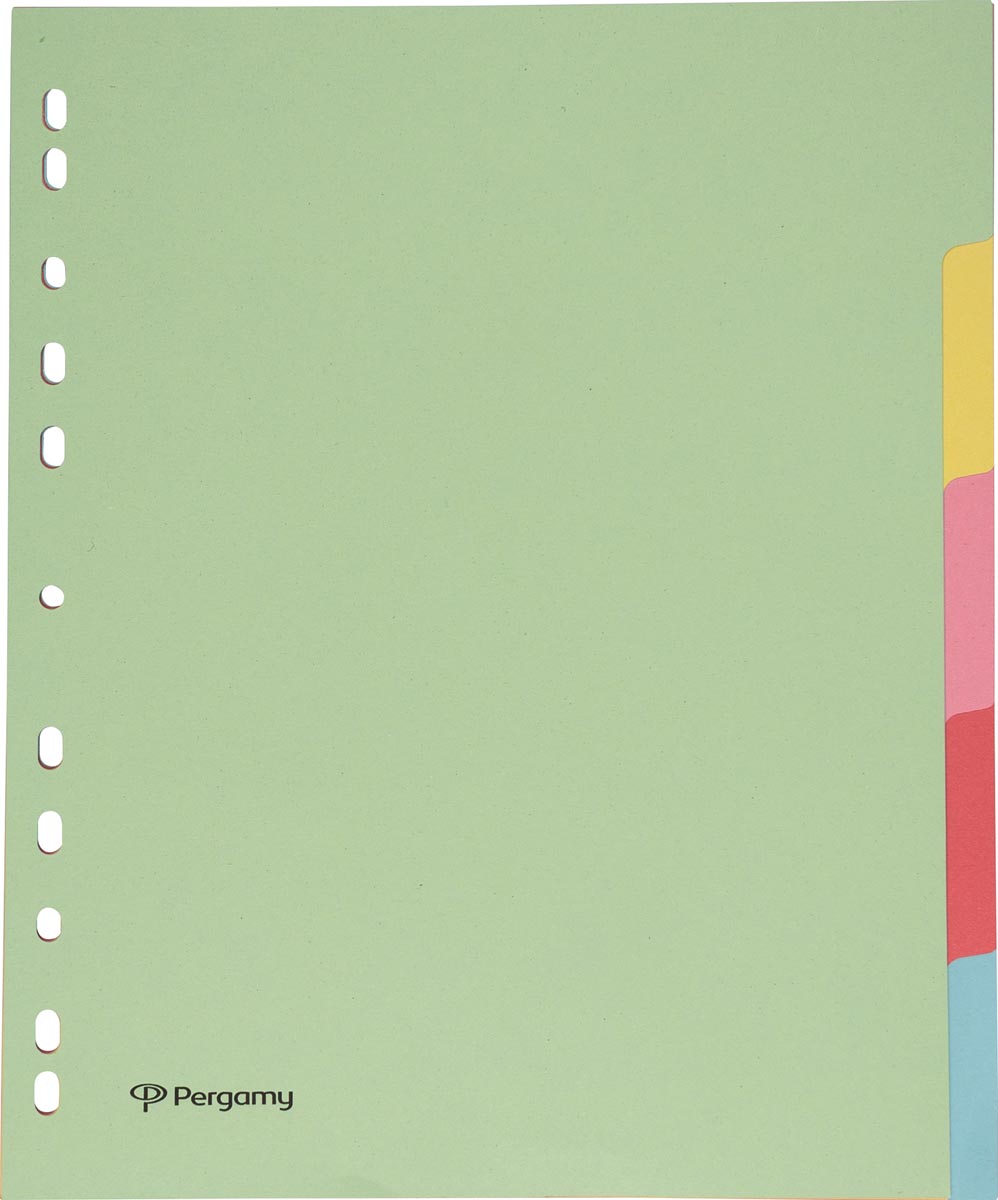 Pergamy tabbladen ft A4 maxi, 11-gaatsperforatie, karton, geassorteerde pastelkleuren, 5 tabs afbeelding