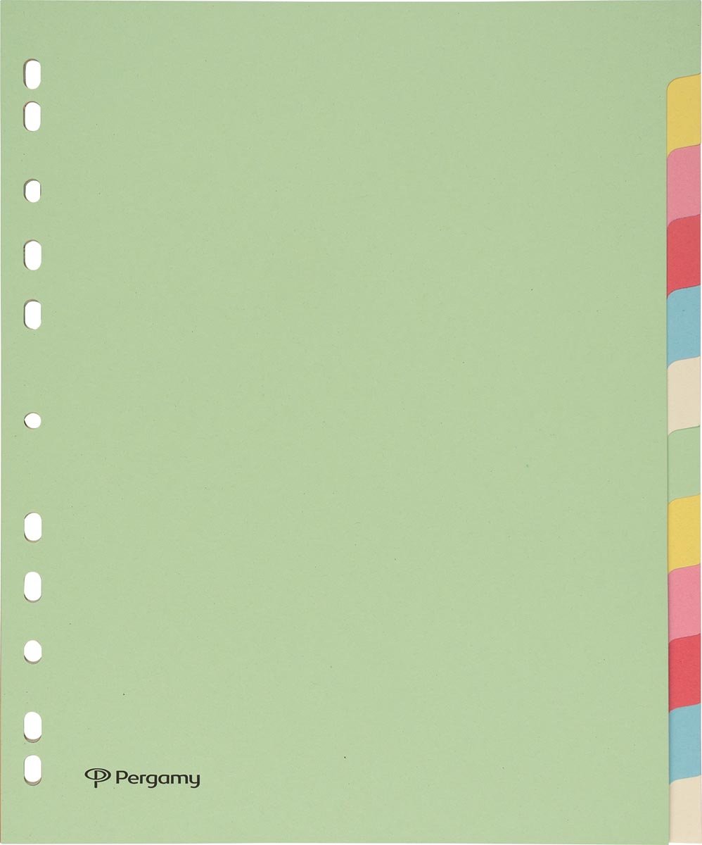 Pergamy tabbladen ft A4 maxi, 11-gaatsperforatie, karton, geassorteerde pastelkleuren, 12 tabs afbeelding