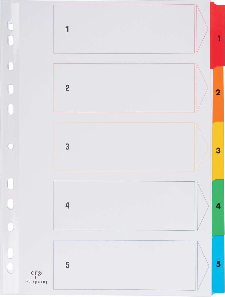 Pergamy tabbladen met indexblad, ft A4, 11-gaatsperforatie, geassorteerde kleuren, set 1-5 afbeelding