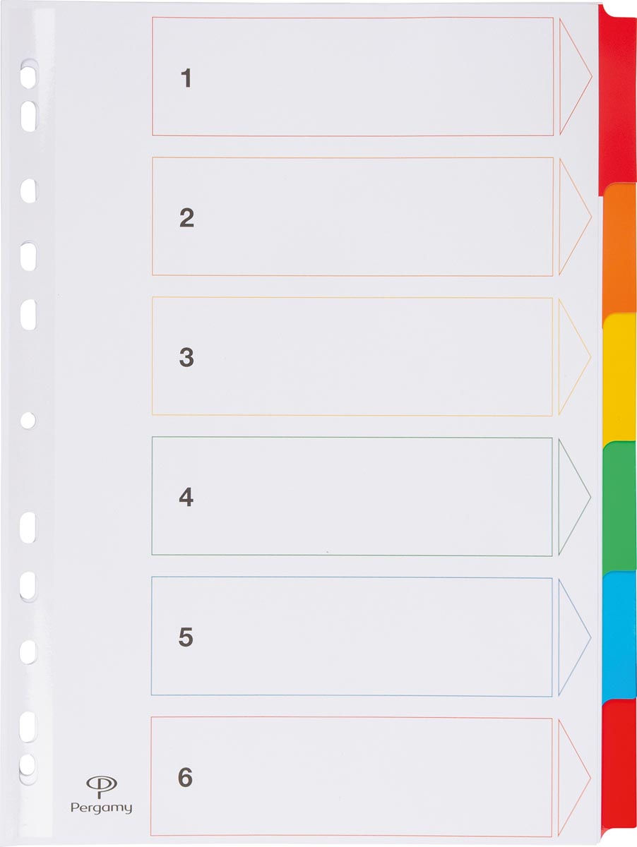 Pergamy tabbladen met indexblad, ft A4, 11-gaatsperforatie, geassorteerde kleuren, 6 tabs afbeelding