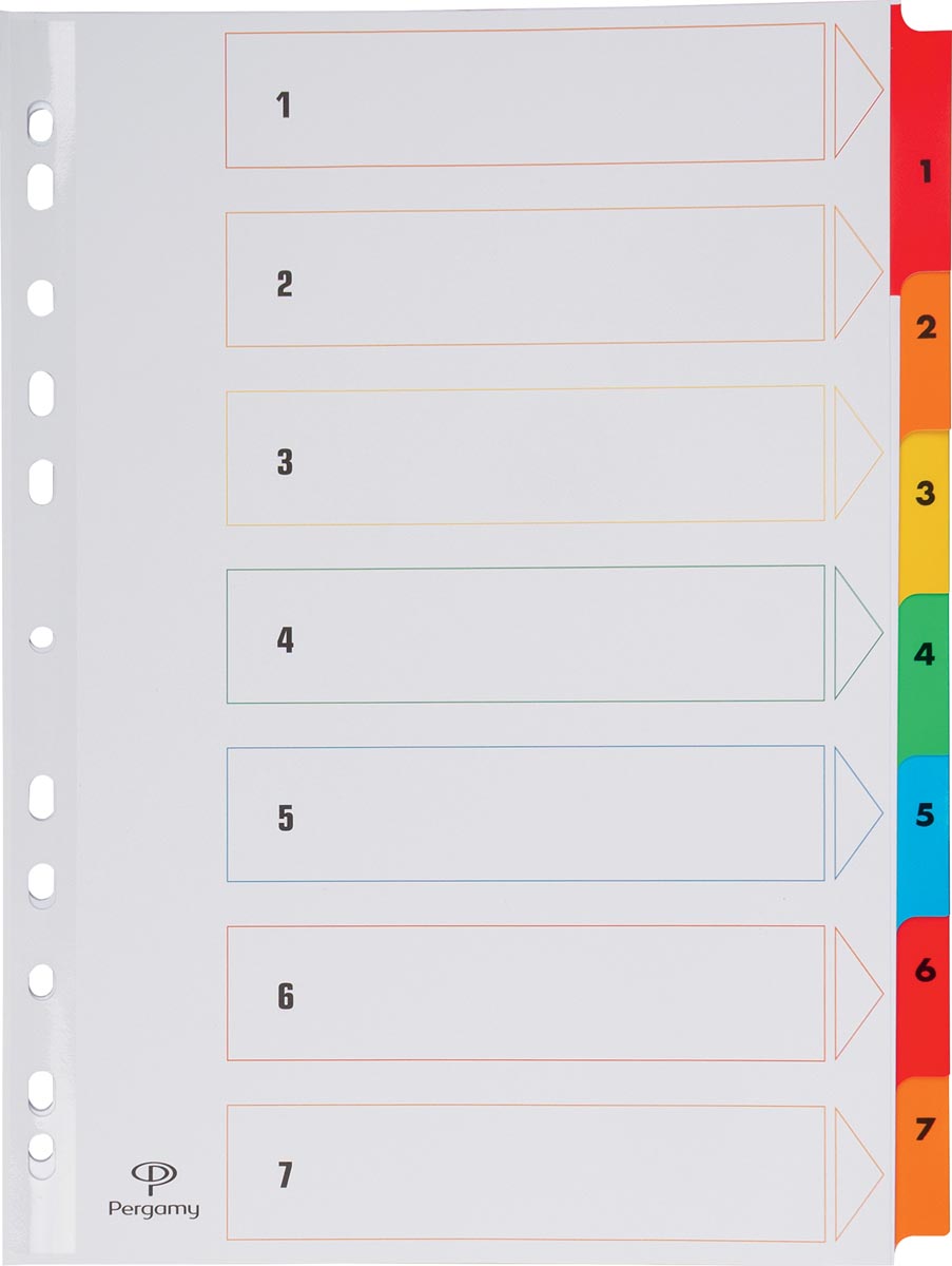 Pergamy tabbladen met indexblad, ft A4, 11-gaatsperforatie, geassorteerde kleuren, set 1-7