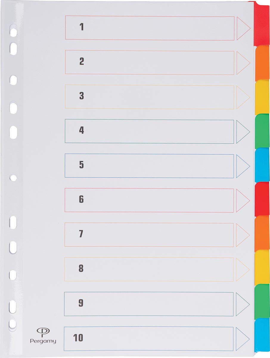 Pergamy tabbladen met indexblad, ft A4, 11-gaatsperforatie, geassorteerde kleuren, 10 tabs