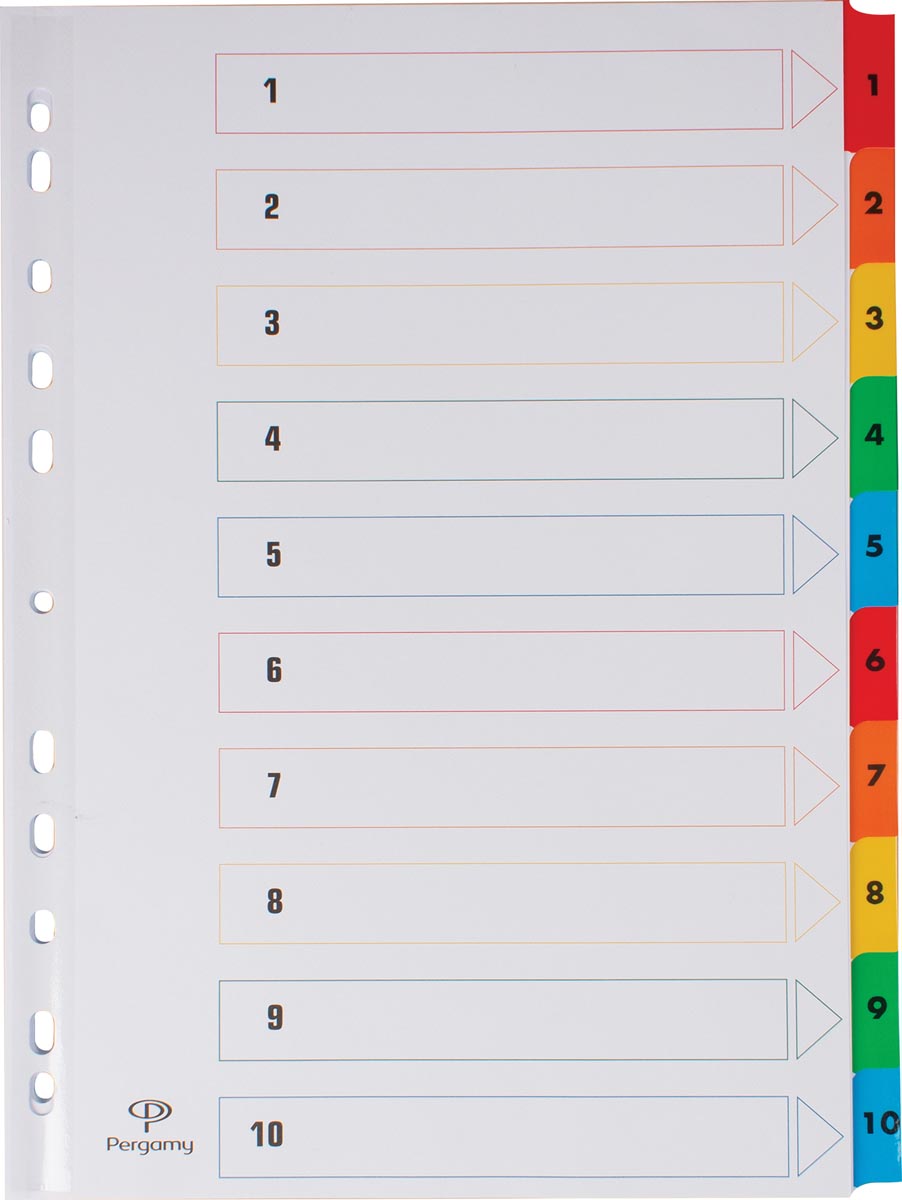 Pergamy tabbladen met indexblad, ft A4, 11-gaatsperforatie, geassorteerde kleuren, set 1-10