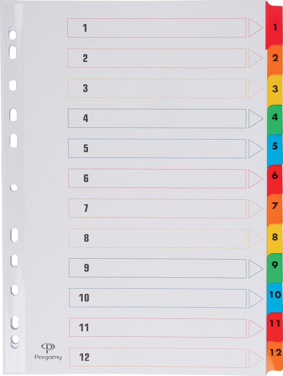 Pergamy tabbladen met indexblad, ft A4, 11-gaatsperforatie, geassorteerde kleuren, set 1-12 afbeelding