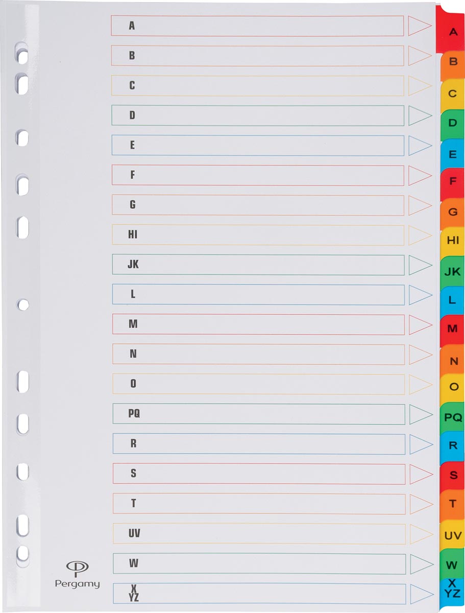 Pergamy tabbladen met indexblad, ft A4, 11-gaatsperforatie, geassorteerde kleuren, A-Z 20 met tabs afbeelding
