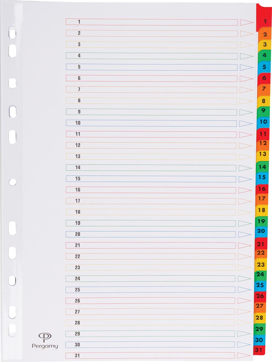Pergamy tabbladen met indexblad, ft A4, 11-gaatsperforatie, geassorteerde kleuren, set 1-31 afbeelding