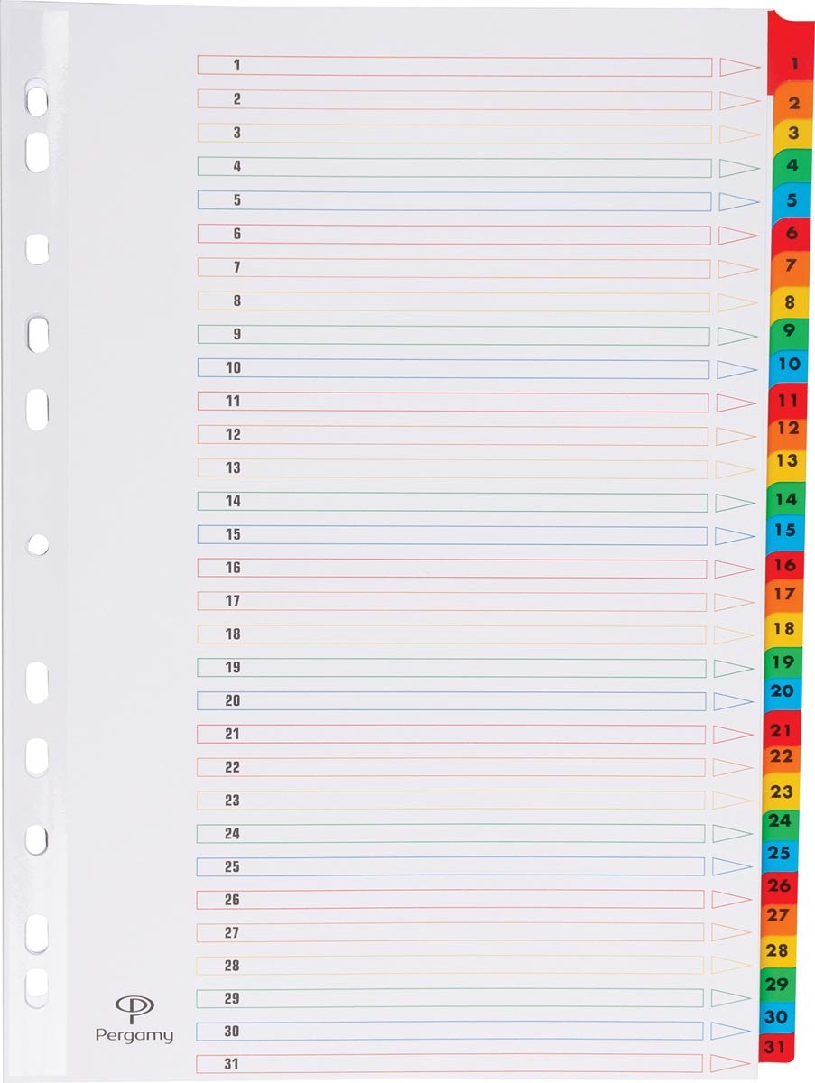 Pergamy tabbladen met indexblad, ft A4, 11-gaatsperforatie, geassorteerde kleuren, set 1-31