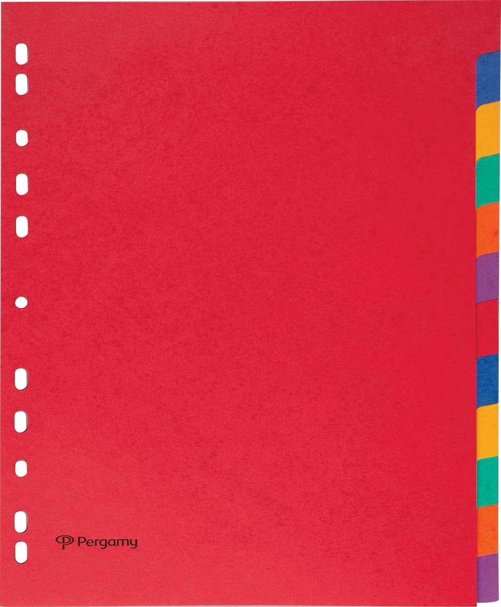 Pergamy tabbladen ft A4 maxi, 11-gaatsperforatie, stevig karton, geassorteerde kleuren, 12 tabs
