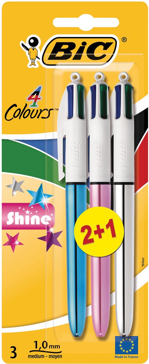 Bic balpen 4 Colours Shine, blister met 2 + 1 gratis
